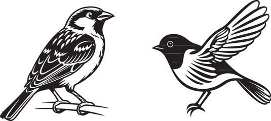 Two black and white birds depicted in a vintage woodcut style illustration