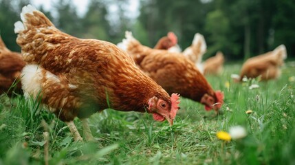 Chickens forage on green grass in a field surrounded by trees during daytime in a rural setting