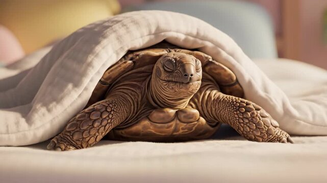 Tortoise sleeping under blanket. Cute pet animal hiding in bed. Sleepy reptile resting indoors in cozy bedroom concept.