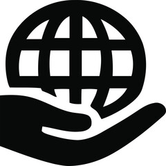 This graphic depicts a stylized hand gently holding a globe, symbolizing global care and responsibility. The black silhouette design conveys a message of stewardship and protection of the Earth, makin