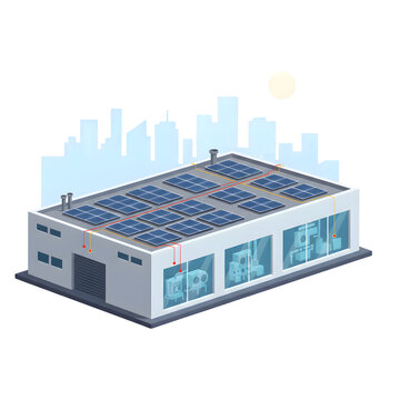Isometric Factory Building with Solar Panels &ndash; Sustainable Industrial Energy Illustration