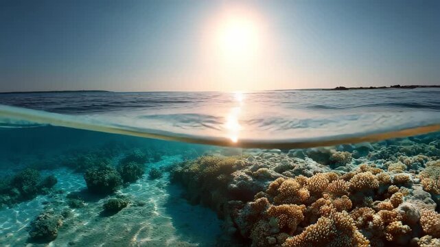 Underwater coral reef seabed view with horizon and water surface split by waterline
