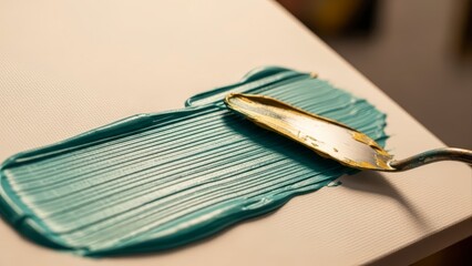 Close up of a palette knife spreading thick teal paint on a white surface.