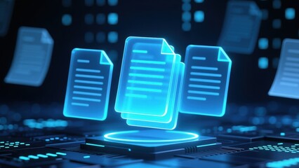 A stacked glowing papers on a floating in dark blue digital space showing data flow, document management system concept