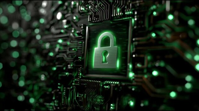 Intellectual property. Copyright. Innovation digital rights. Brand protection law. A digital lock symbol on a circuit board background.