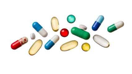 Variety of colorful pharmaceutical pills, tablets, and capsules scattered for health and medicine concept isolated PNG with Transparent Background