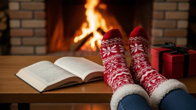 Cozy winter scene with feet in christmas socks by the fireplace with a book and gift