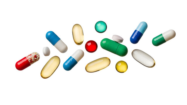 Variety of colorful pharmaceutical pills, tablets, and capsules scattered for health and medicine concept isolated PNG with Transparent Background