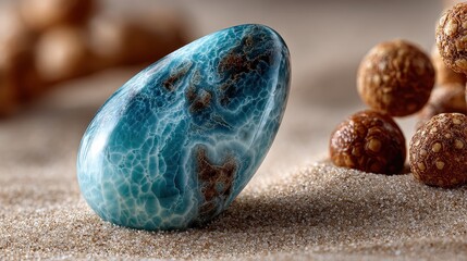 Polished Larimar stone on sand background with small, round textured objects. Perfect for meditation imagery, spa treatments, or a beach vacation promotion.