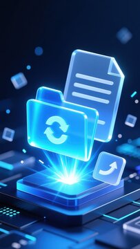 A glowing blue icons in a dark digital space showing data flow and system updates document management system concept
