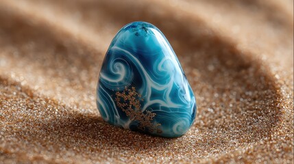 Blue resin stone with white swirls, and gold speckles, rests on golden sand. Use for travel, summer, or ocean themed designs, projects, or decorations.