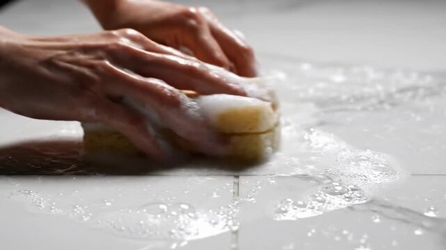 Close-up of a person's hands using a sponge to clean a white tiled surface with soap suds and water, suggesting household chores and hygiene