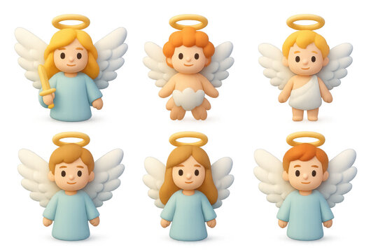 Cute angel icon set with cherubic characters for holiday design and decoration
