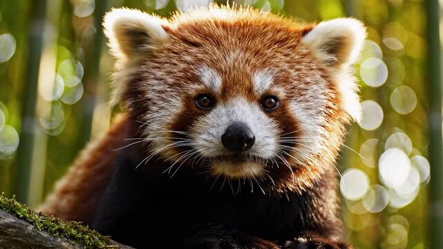 Close-up of a beautiful red panda, its reddish-brown fur and expressive eyes prominent, set within the lush green soft focus of its natural bamboo forest habitat