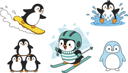 Cute penguin activity set featuring skiing, surfing, splashing water, baby penguin character, playful winter sports animals in fun cartoon vector