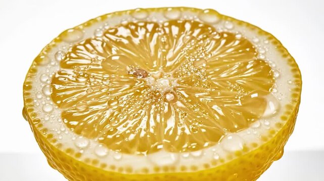 Close-up of a juicy, ripe lemon slice glistening with water droplets on a white background