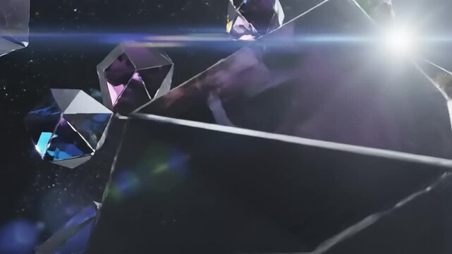 Colorful geometric crystals floating in a cosmic space, reflecting light and creating a vibrant scene