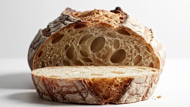 Close-up of a freshly baked artisan sourdough bread, perfectly risen with an airy crumb and golden-brown crust, sliced to reveal its texture