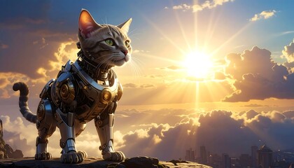 Mechanical cat stands on a high point overlooking a city skyline as the sun rises above cloudscape