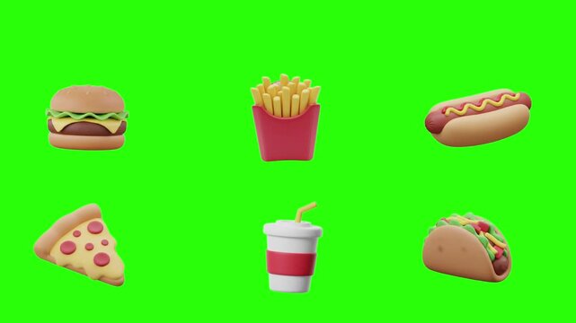 Soft 3D claymation fast-food set featuring cheeseburger, fries, hot dog, pizza slice, soda cup, and taco in smooth chunky matte style.