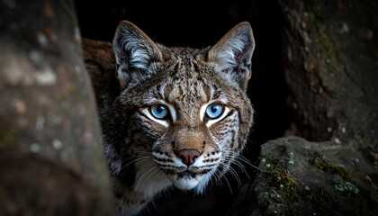 Obraz premium Eurasian lynx with striking blue eyes peering intently from between rocky, shadowed outcroppings