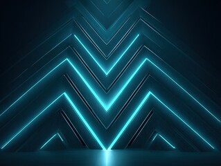 Futuristic teal neon chevron layers forming a symmetrical upward pattern on a dark background, creating a dynamic sense of direction, depth, and technological momentum