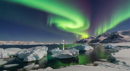 Aurora Borealis over Jokulsarlon Glacier Lagoon in Icelands Winter.