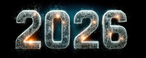 Glowing 2026 digits formed by sparkling particles on a dark blue background for New Year