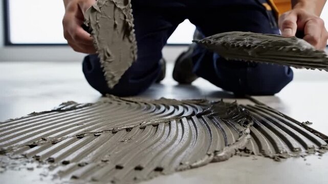 Construction worker applying adhesive with a notched trowel for tiling a floor