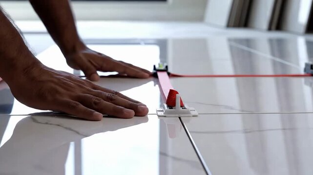 Close-up of a person's hands installing floor tiles using a level and spacing tool