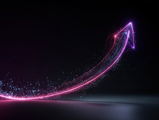 A glowing pink-purple particle arrow soaring upward in a smooth arc, symbolizing rising momentum, futuristic progress and the vibrant energy of breakthrough advancement
