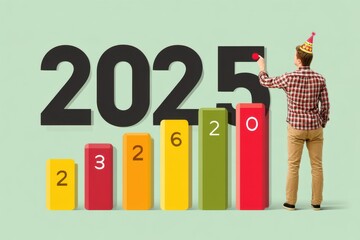 Man in party hat marks 2025 with colorful blocks and oversized numbers in a festive scene