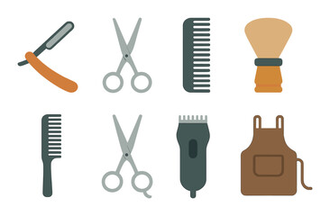 Vintage barber tools collection with scissors, razors, and comb on rustic background