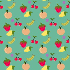 seamless pattern featuring a variety of cute, stylized tropical and fresh fruits on a crisp white background. This delightful illustration includes hand-drawn style 