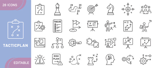 Tactic Plan Icons – Strategy, Planning, Workflow, Decision Making, Business Goals, Management, Productivity, and Strategic Action Symbols