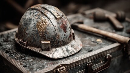 Worn hard hat sits on metal case, with a hammer laying nearby. Depicts construction worker's safety, labor, and the industrial environment.
