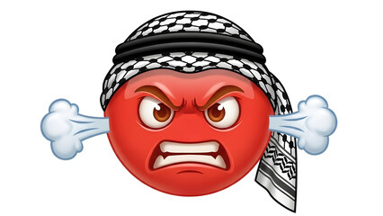 Angry Red Emoji Cartoon Wearing Keffiyeh Headscarf with Steam Coming from Ears isolated PNG with Transparent Background