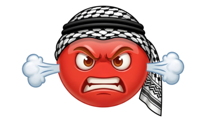 Angry Red Emoji Cartoon Wearing Keffiyeh Headscarf with Steam Coming from Ears isolated PNG with Transparent Background