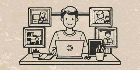 A person creating an online portfolio monochrome vintage image. Flat vector illustration.