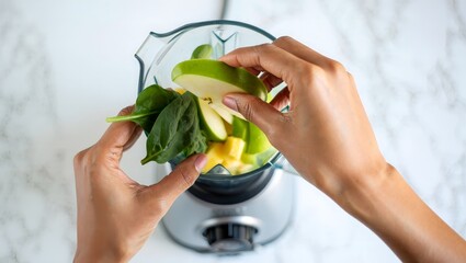Hands Adding Apple Slices and Spinach to a Blender for a Healthy Smoothie