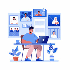 A flat-style vector illustration of a person creating an online portfolio.