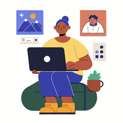 A person creating an online portfolio image. Flat image isolated on white background. Vector illustration.