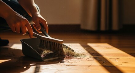 Sunlit cleaning moment: hands sweeping wooden floor with dustpan and brush