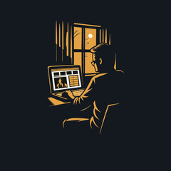 A person creating an online portfolio engraved vintage image. Vector illustration.