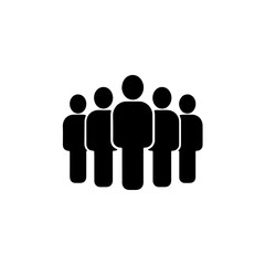 A group of five simple black human icon figures standing together in a line, representing teamwork and community on a white background. isolated on transparent background