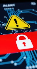 Cybersecurity alert: warning sign and lock symbol on circuit board background