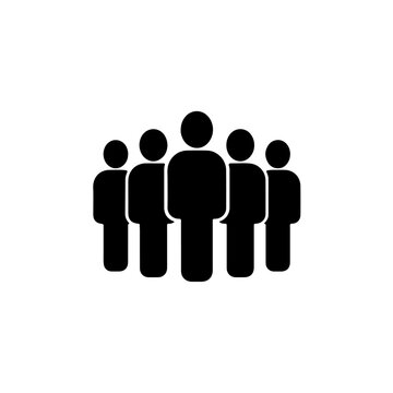A group of five simple black human icon figures standing together in a line, representing teamwork and community on a white background. isolated on transparent background