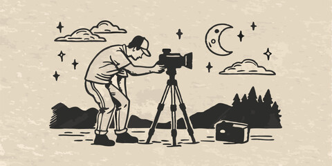 A person sets up equipment for night photography monochrome vintage image. Flat vector illustration.