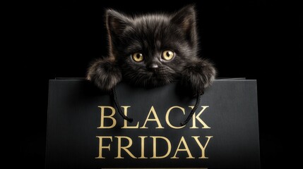 A playful black kitten peeks over a sign that reads "BLACK FRIDAY," blending cuteness with a shopping theme.
