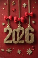 Gold 2026 hanging ornaments with red bows on festive red background for New Year